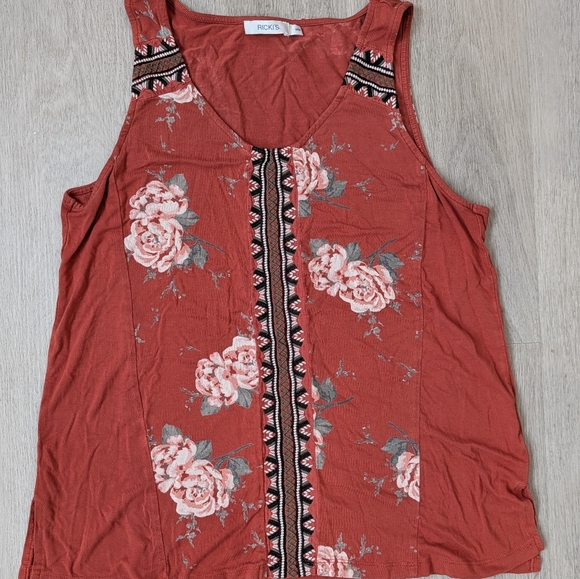 Ricki's Rust Orange BOHO Floral Tribal Embroidered Trim Women's Tank Top Size M - Picture 2 of 7
